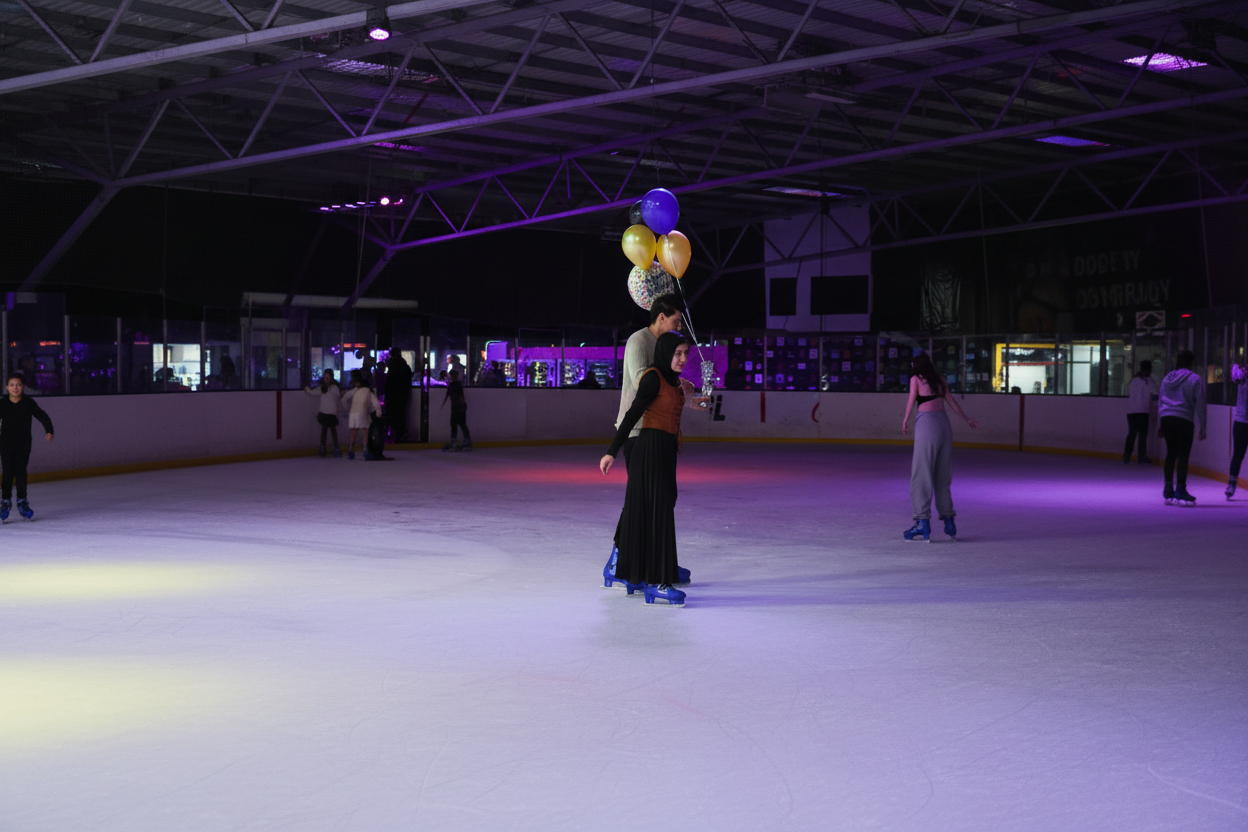 A guest skating with birthday balloons